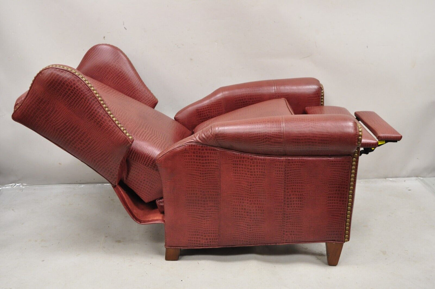 Ethan Allen Burgundy Red Croc Print Leather Upholstered Wingback Recliner Chair