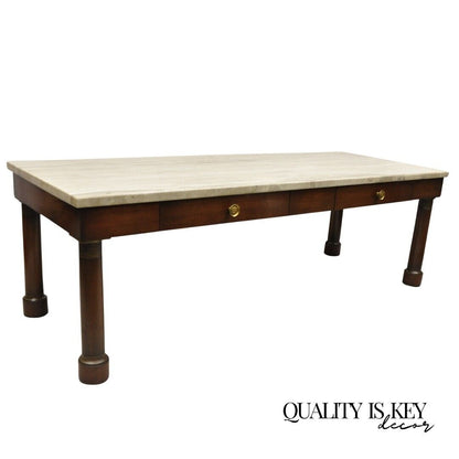 Vintage Empire Style Custom Mahogany Marble Top Coffee Table with 2 Drawers