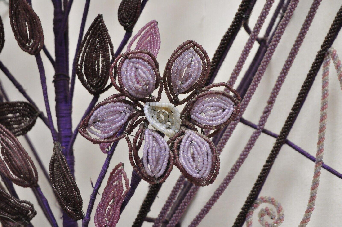 French Victorian Glass Beaded Purple Flower Casket Wreath Wall Sculpture (A)