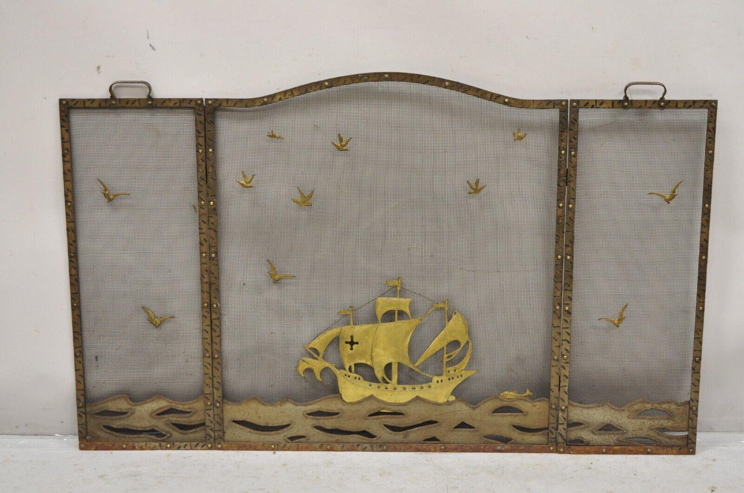 Vintage Nautical Clipper Ship Boat Metal Folding Fireplace Screen Firescreen