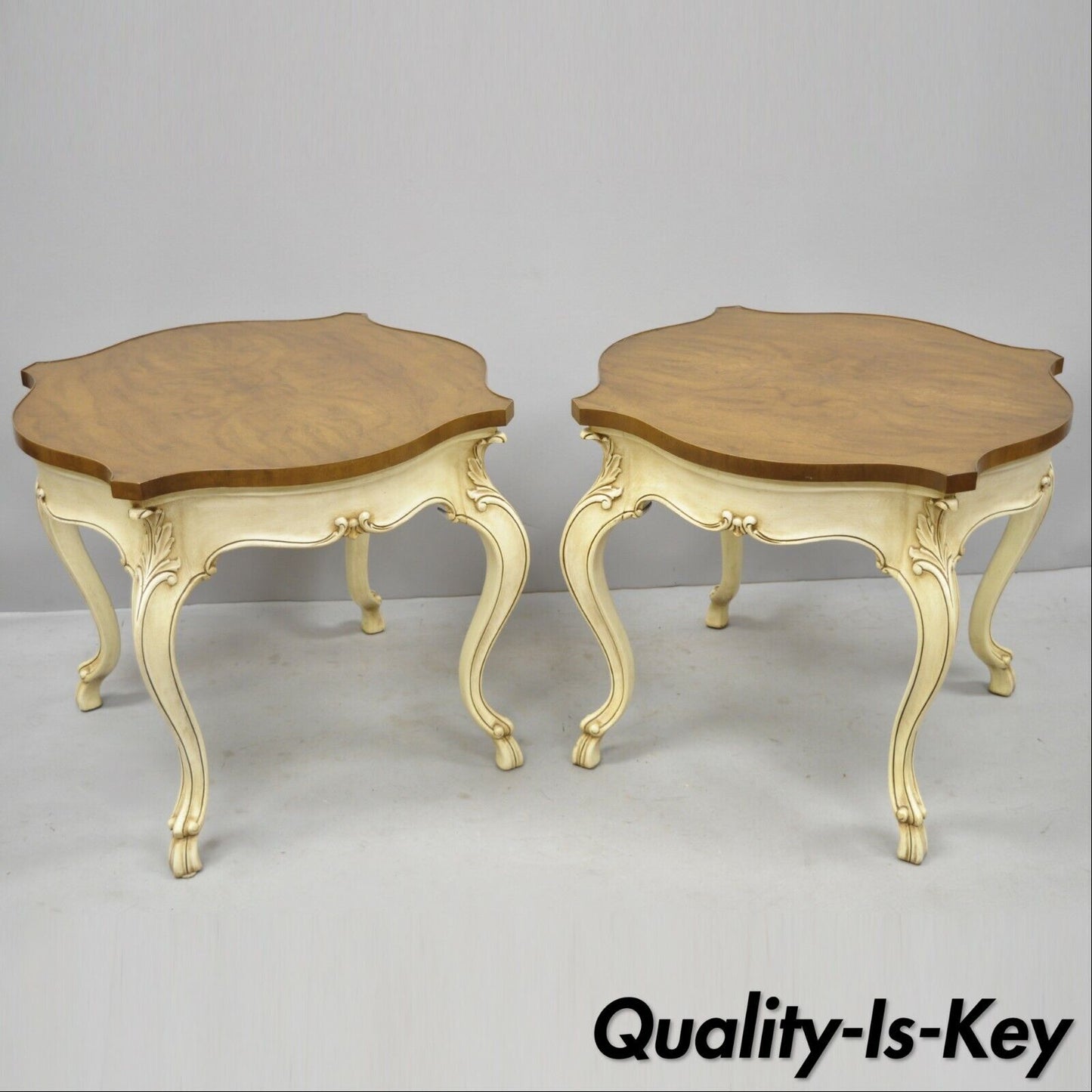 Pair of Karges French Louis XV Regency Style Burr Walnut Turtle Top End Tables