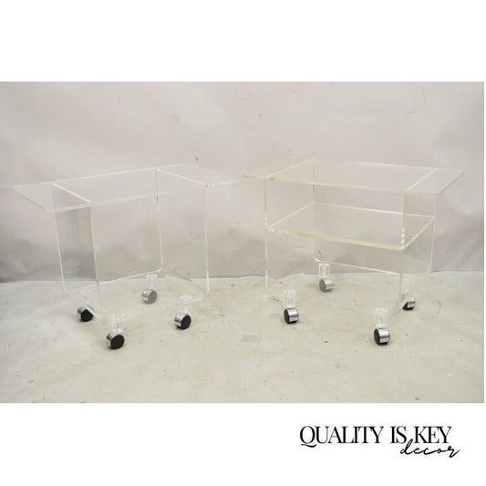 Vintage Clear Lucite Acrylic Mid Century Modern Rolling Side Tables - a Pair