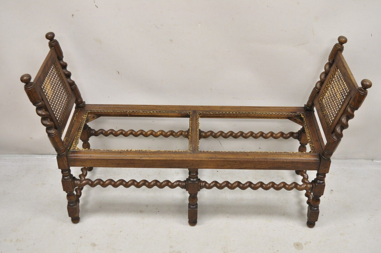 Vintage Oak Jacobean Style Barley Twist Stretchers 6 Leg Cane Window Bench