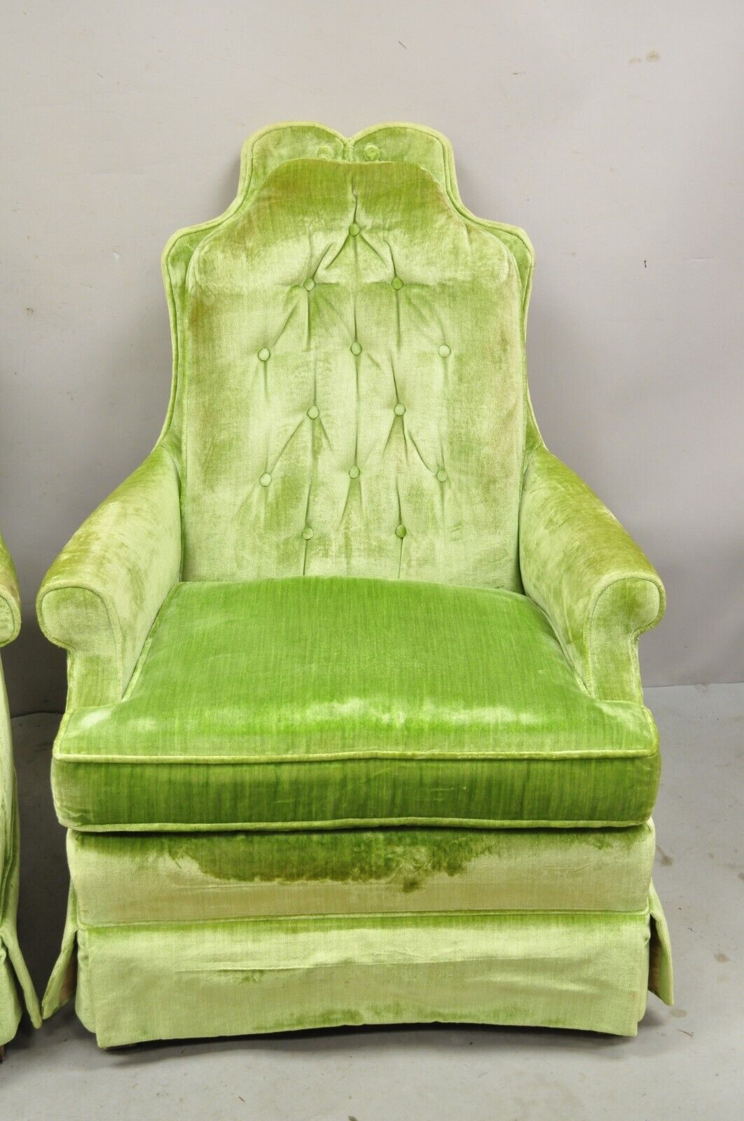 Pair Silver Craft Lime Green Upholstered Button Tufted Club Lounge Chairs