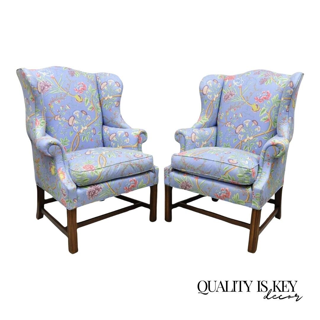 Vintage English Edwardian Style Mahogany Blue Floral Wingback Chairs - a Pair