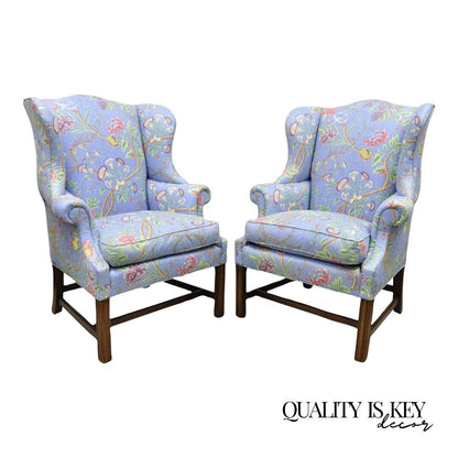 Vintage English Edwardian Style Mahogany Blue Floral Wingback Chairs - a Pair