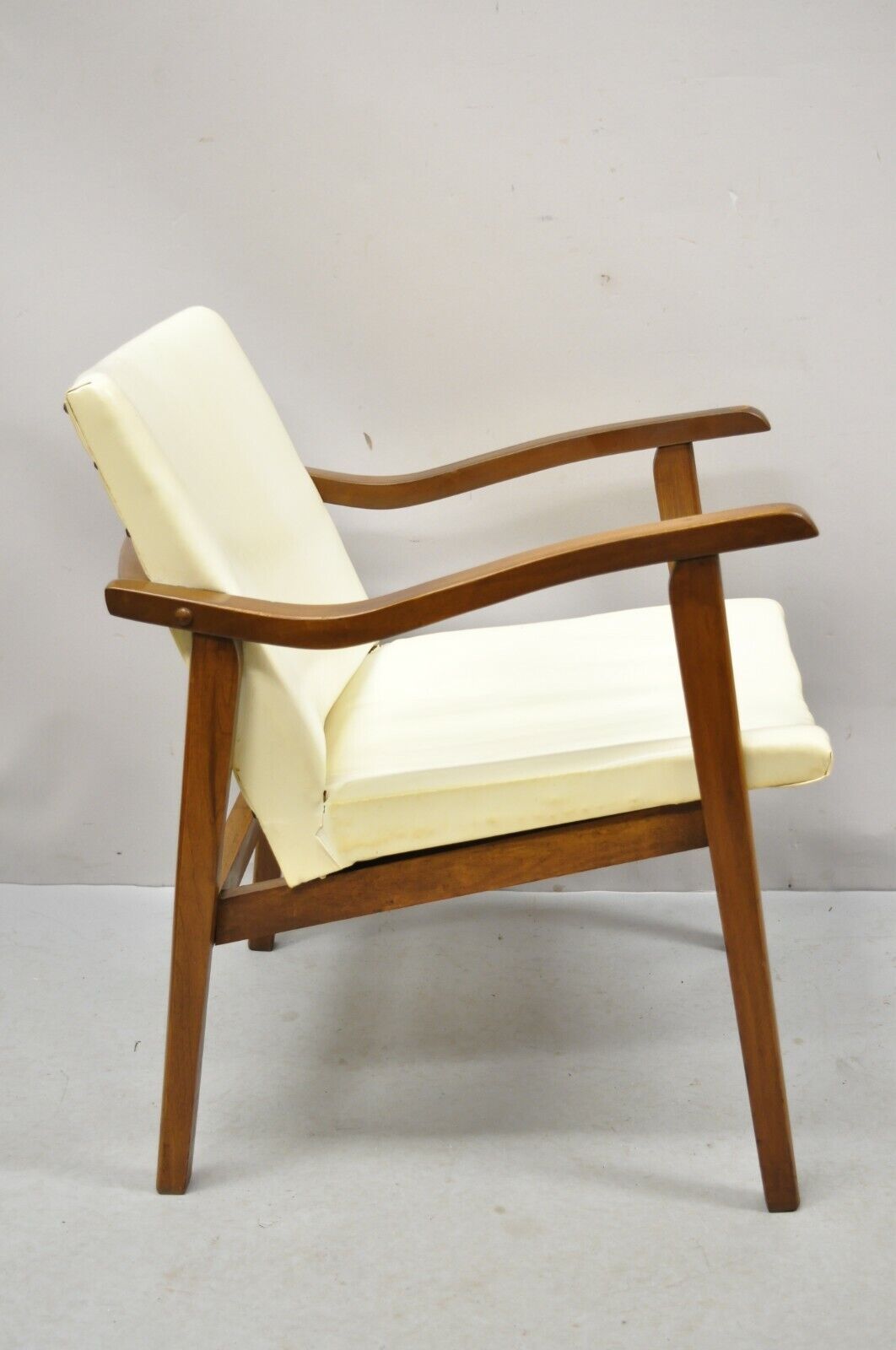 Mid Century Modern Walnut Wood Frame Vinyl Upholstered Lounge Arm Chair