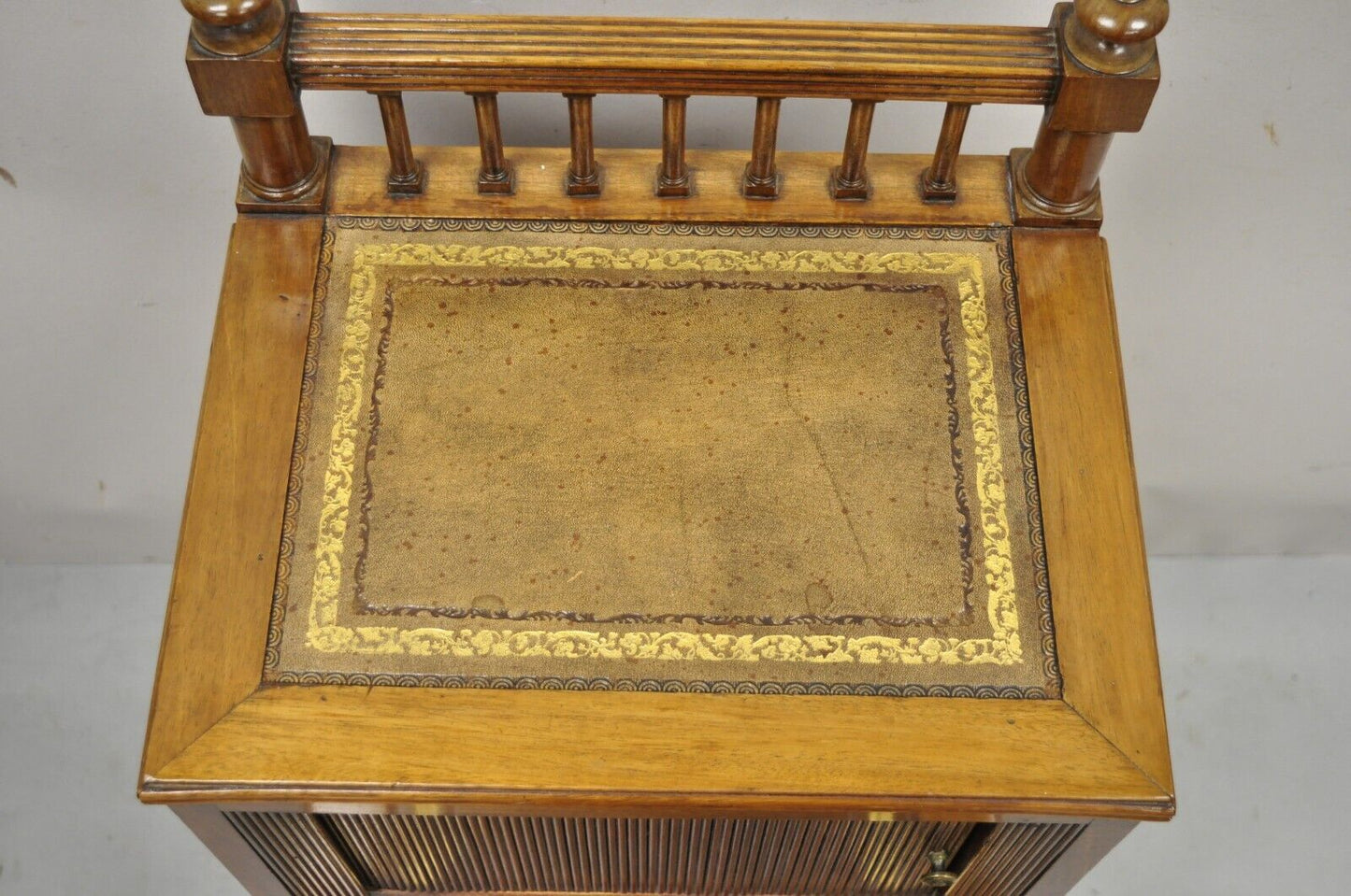 Antique English Regency Leather Top 3 Tier Side Table with Hidden Storage