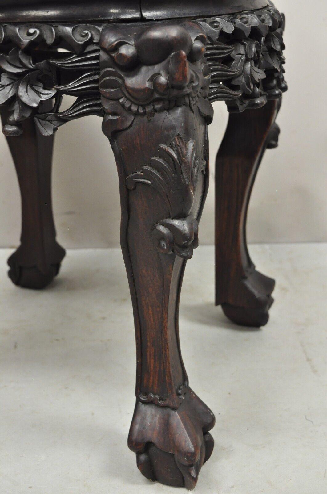 Antique Chinese Carved Hardwood Foo Dog Marble Top 18" Plant Stand Side Table