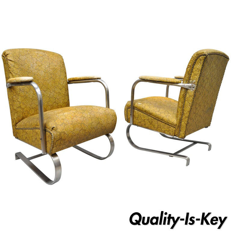 Pair of Lloyd Tubular Chrome Steel KEM Weber Style Art Deco Springer Arm Chairs