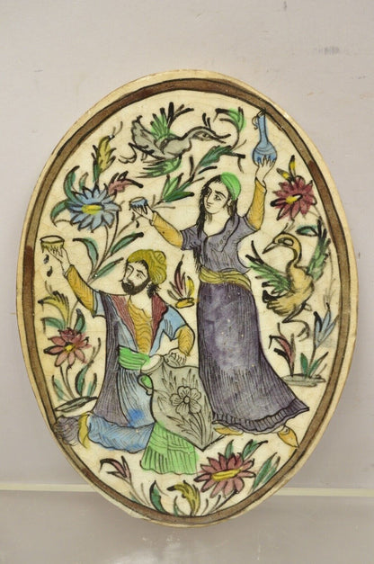 Antique Persian Iznik Qajar Style Ceramic Pottery Oval Tile Jugs Man & Woman C3