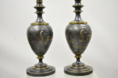 Antique Italian Classical Bronze Finish Metal Bulbous Figural Table Lamps - Pair