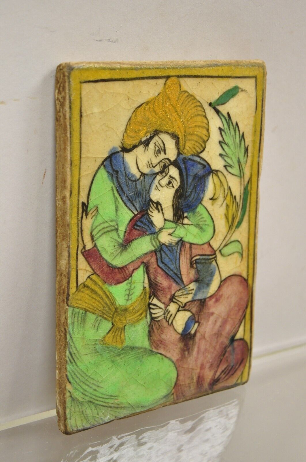 Antique Persian Iznik Qajar Style Green Ceramic Pottery Tile Loving Couple C5