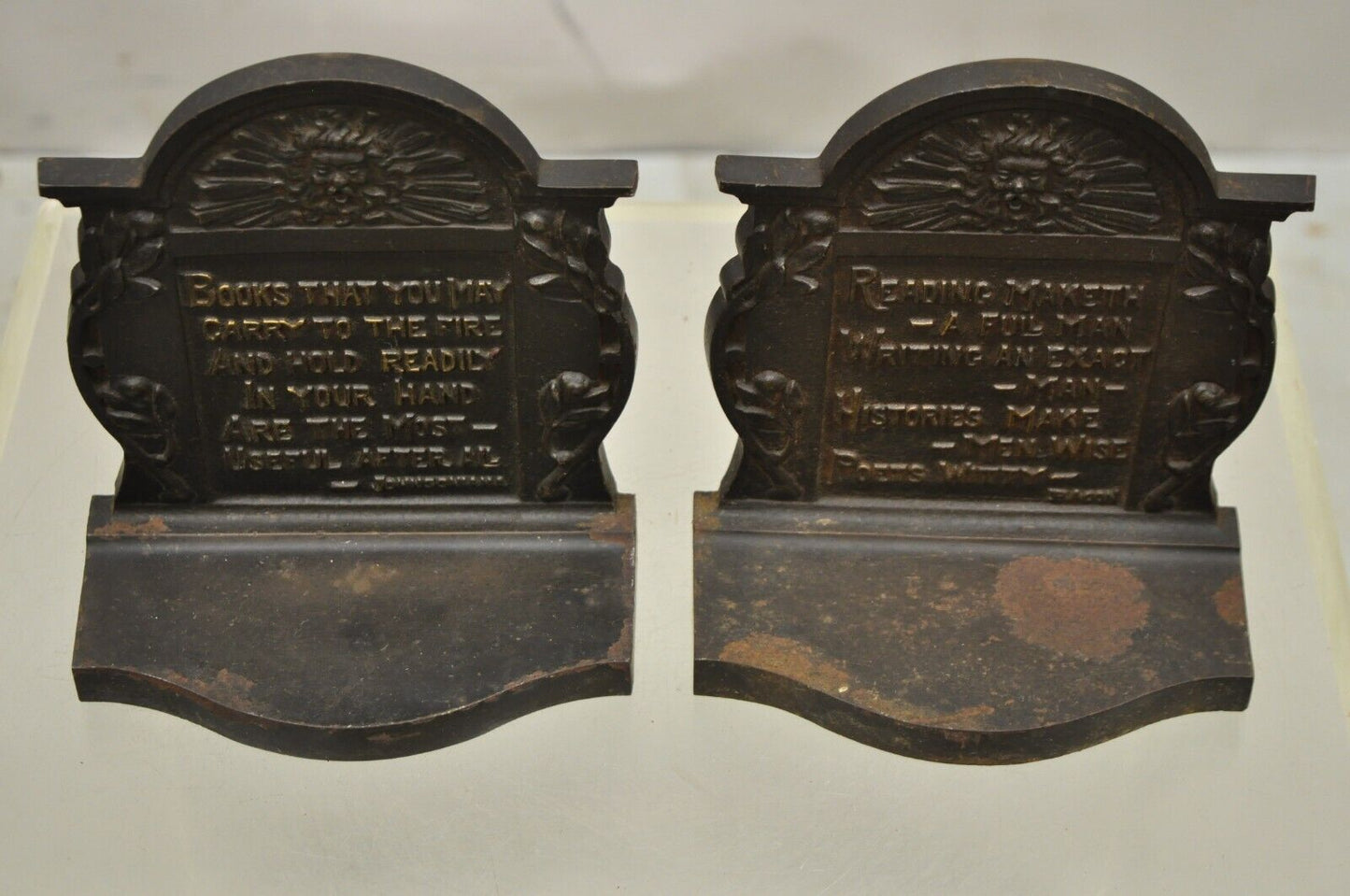 Antique Cast Iron Art Nouveau Johnsonsoniana and Bacon quote Bookends