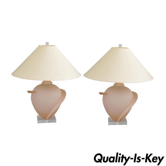 Pair of Hollywood Regency Satin Frosted Pink Glass Table Lamps Lucite Vtg MCM