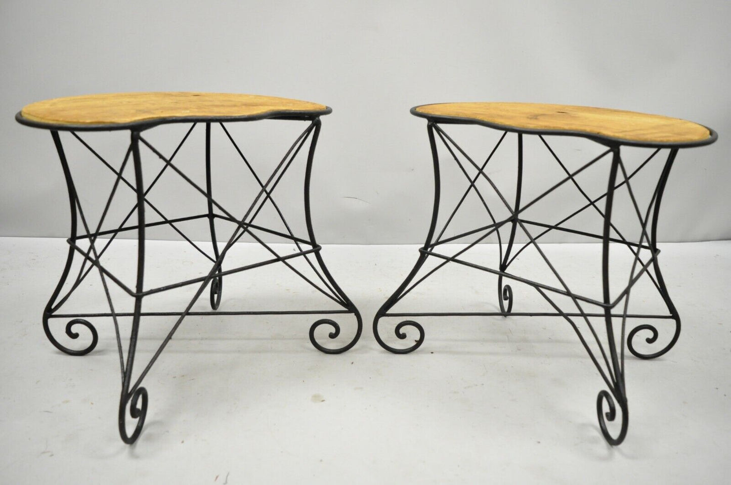 Pair French Art Nouveau Style Stool Bench Seats w/ Scrolling Wrought Iron Frame