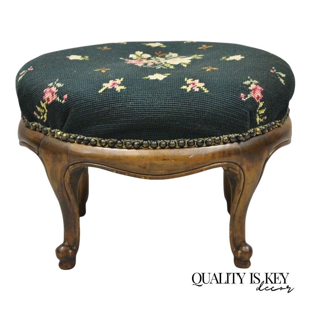 Antique French Victorian Green Floral Needlepoint Oval Mahogany Small Footstool