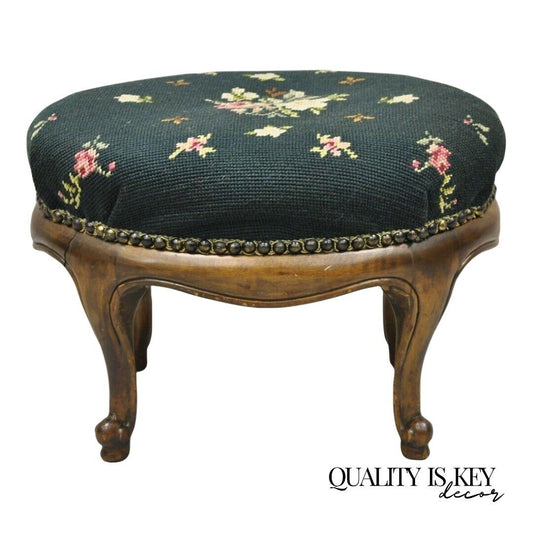 Antique French Victorian Green Floral Needlepoint Oval Mahogany Small Footstool