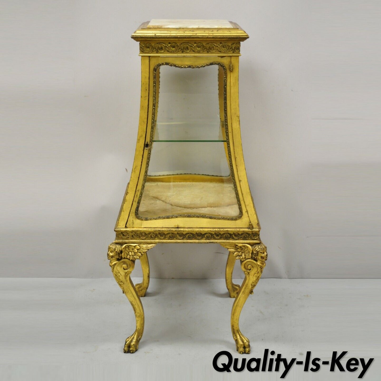 French Empire Wing Cherub Gold Gilt Vitrine Curio Display Cabinet Onyx Pedestal