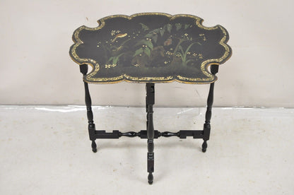 Victorian Black Ebonized Bird Painted Folding Side Table Mother of Pearl Inlay