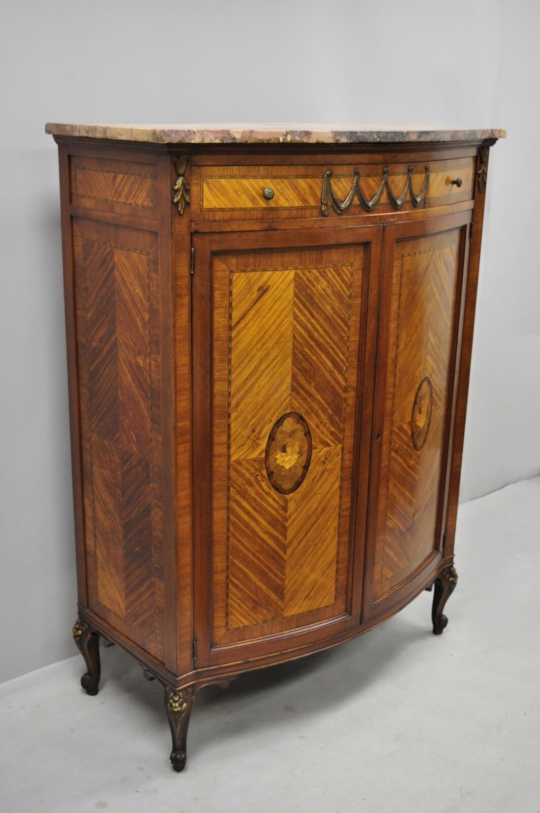 French Louis XV Satinwood Inlaid Pink Marble Top Tall Chest Wardrobe Dresser