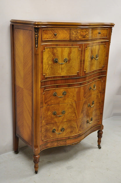 French Louis XV Style Satinwood Serpentine Highboy Tall Chest Dresser by Joerns