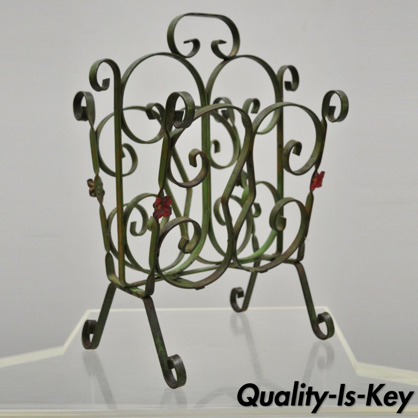 Antique Art Nouveau French Style Wrought Iron Small Green Magazine Rack Flowers