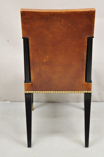 French Art Deco Style Brown Leather Ebonized Frame Dining Chairs - Set of 8