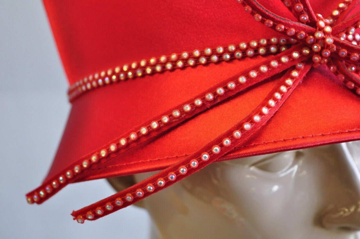 Red Satin Beaded Ribbon Church Derby Top Hat Attributed to Shellie McDowell