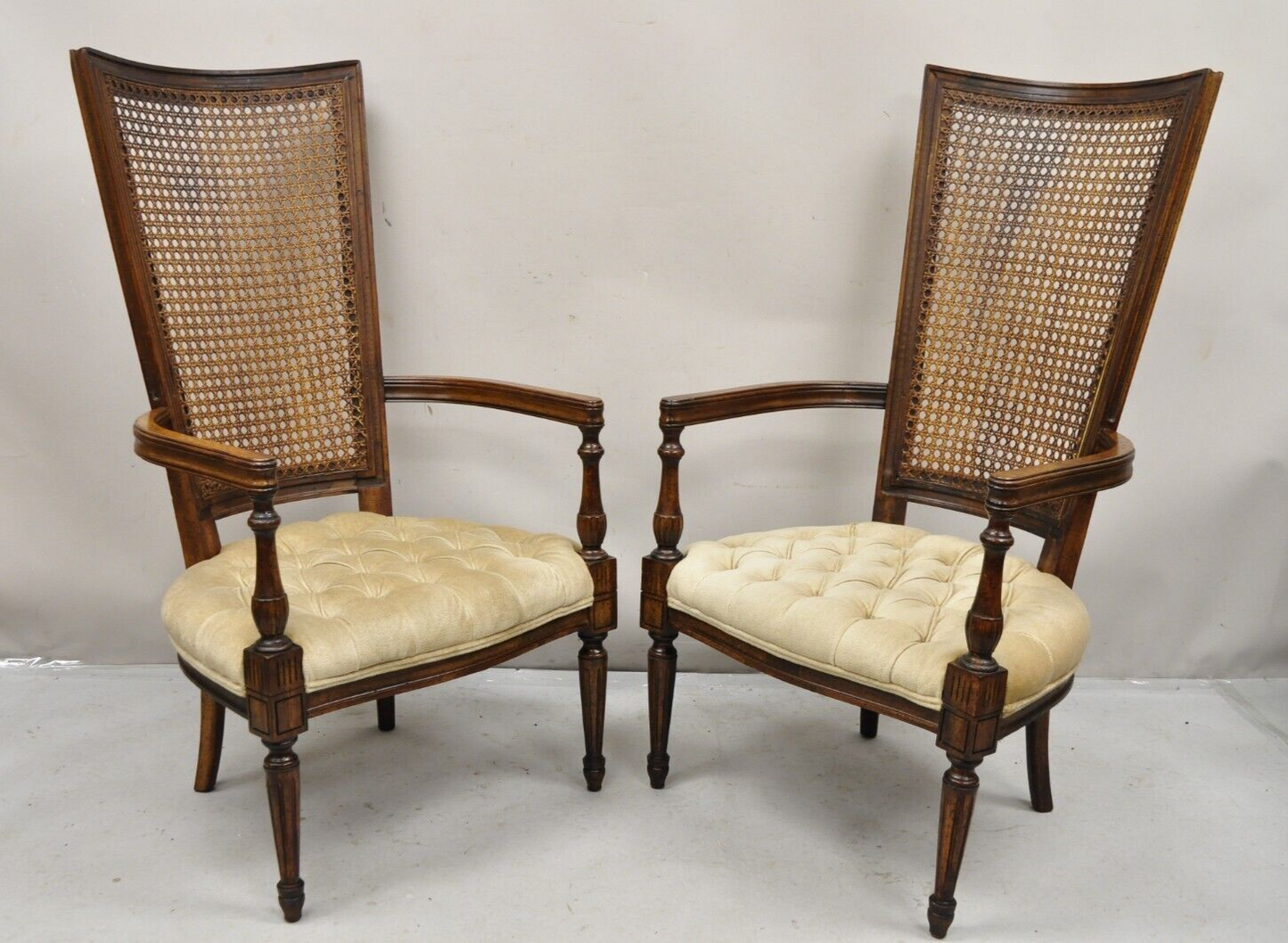 Vintage Hollywood Regency Tall Cane Back Fireside Lounge Armchairs - a Pair