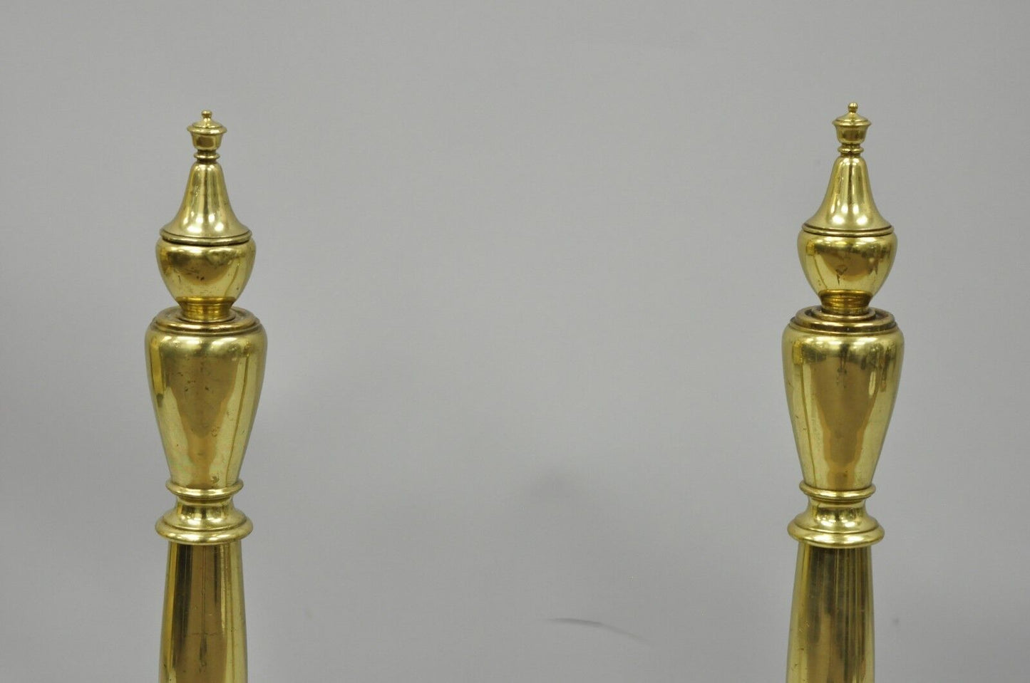 Antique Pair French Art Nouveau Style Brass Fireplace Andirons Urn Finial