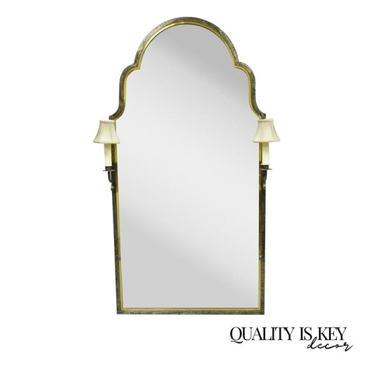 Modern Brushed Steel and Brass 70" Arch Wall Mirror with Lighted Sconces