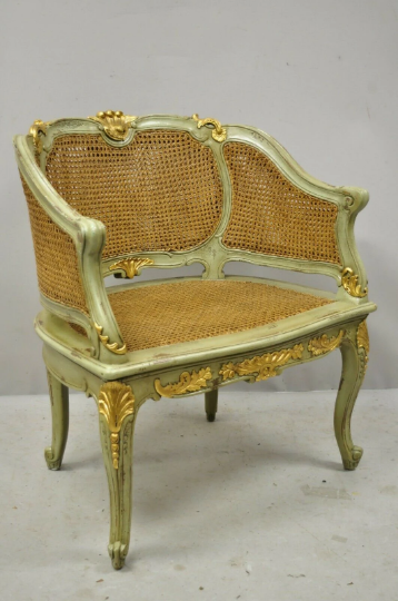 Antique French Louis XV Victorian Distressed Green Gold Gilt Cane Bergere Chair