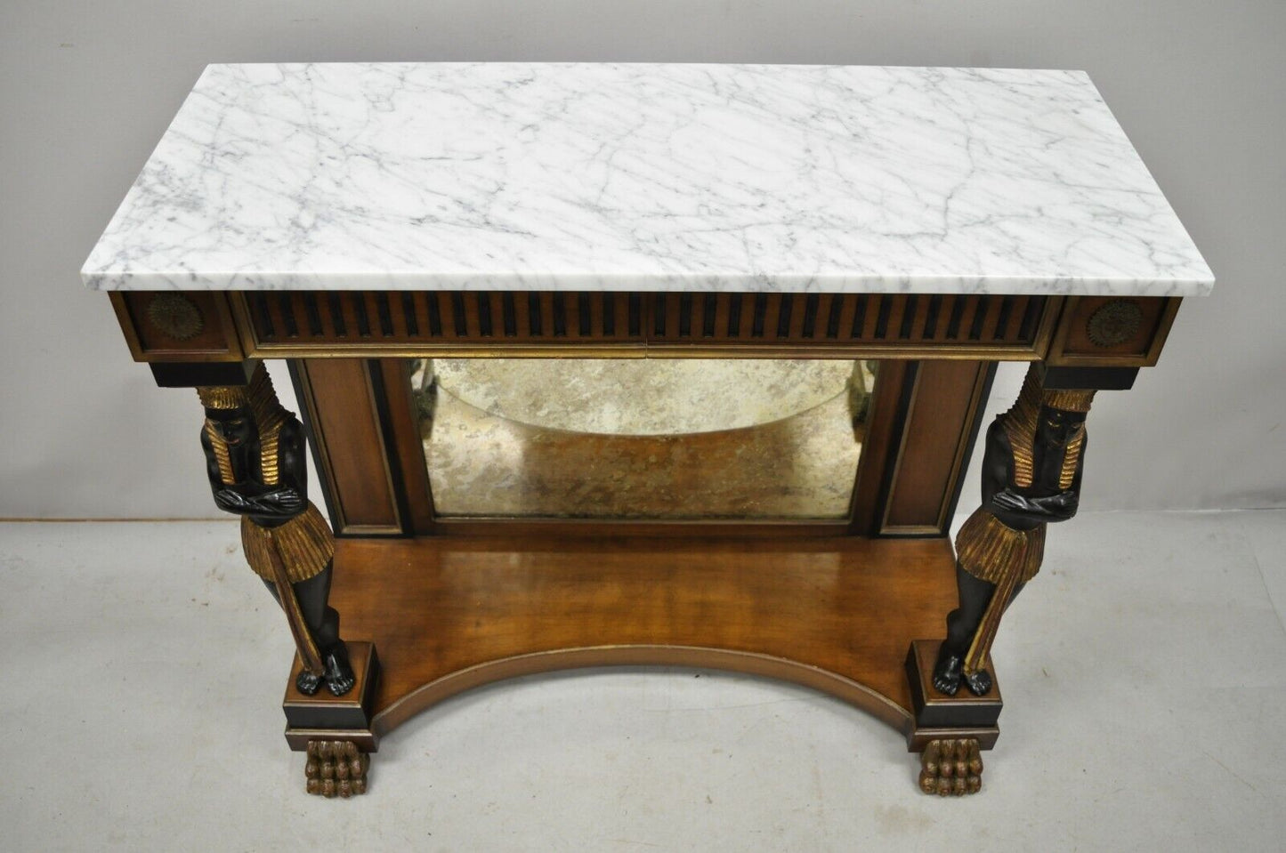 Egyptian Revival Marble Top Figural Carved Ebonized Console Hall Table w Drawers