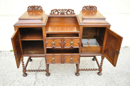 Antique English Jacobean Renaissance Spiral Barley Twist Oak Sideboard Buffet