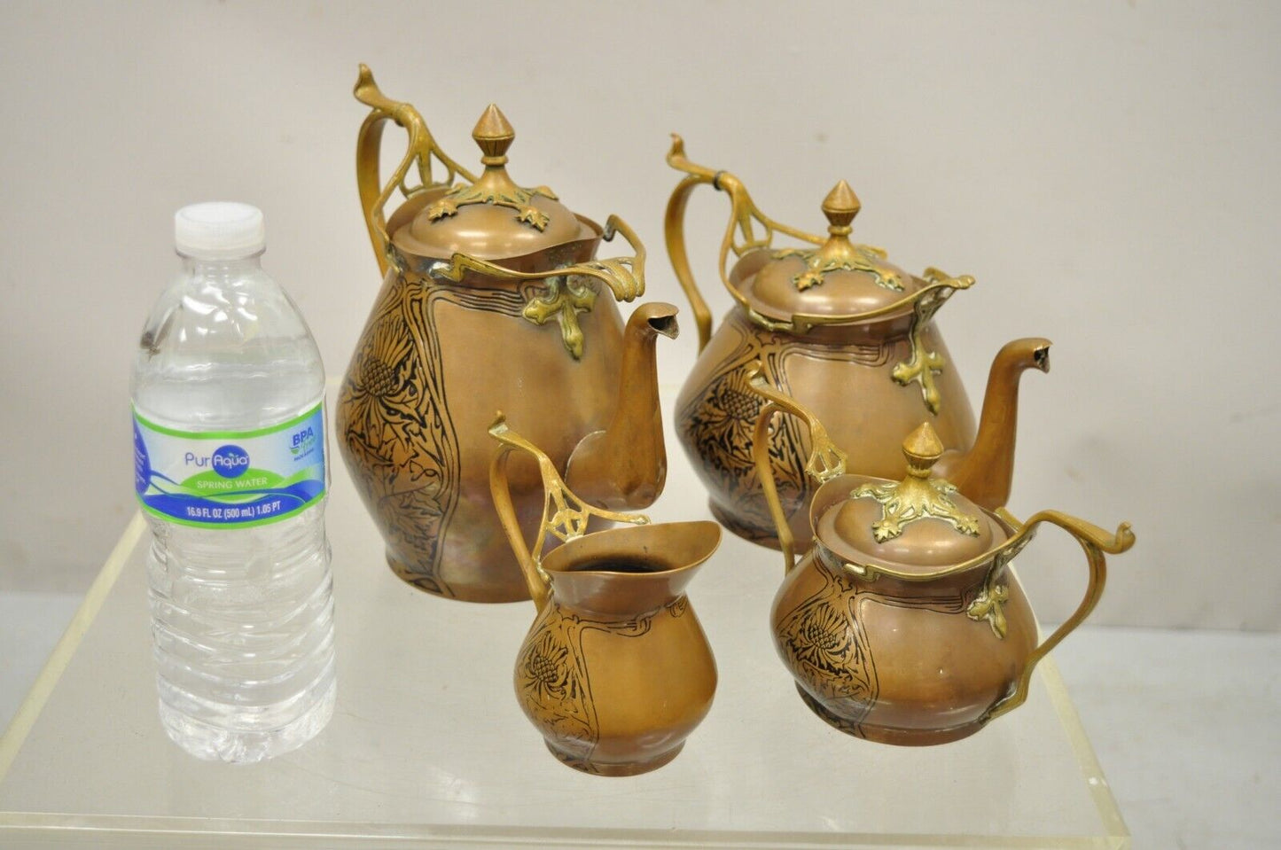 Carl Deffner Copper German Art Nouveau Thistle Tea Set - 4 pc Set