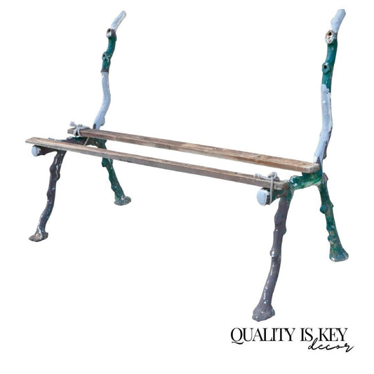 Antique Cast Iron Victorian Faux Bois Green Branch Twig Garden Bench Legs - Pair