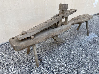 Antique Primitive Wooden Carpenters Shaving Shave Horse Long Work Bench Clamp