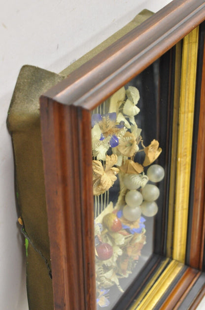 Antique Victorian Harp Design Flower Mourning Wreath Mahogany Shadow Box Frame