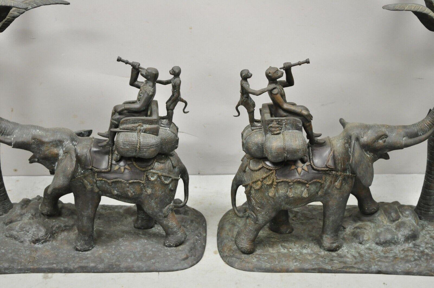 Maitland Smith Bronze Monkey Elephant Palm Tree Sculpture Candle Holder - a Pair