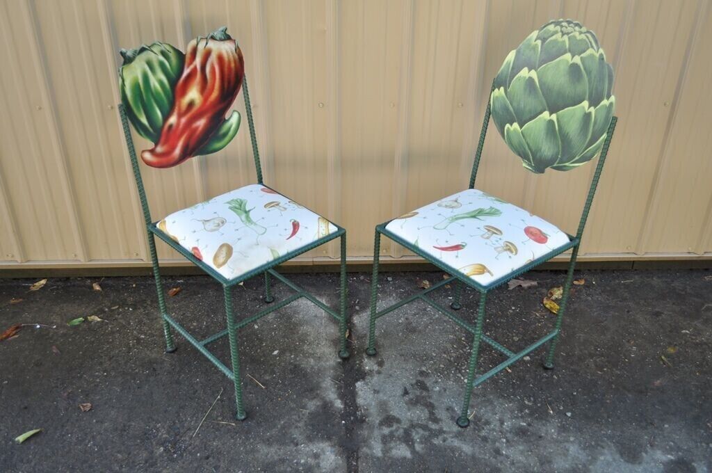 Hollywood Regency Custom Painted Peppers & Artichoke Bistro Side Chairs - a Pair