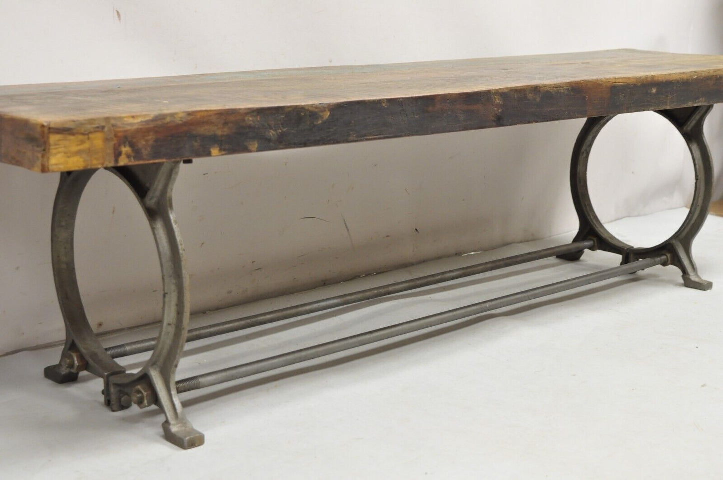 Industrial Style Cast Iron and Reclaimed Wood Farmhouse Rustic Long Bench