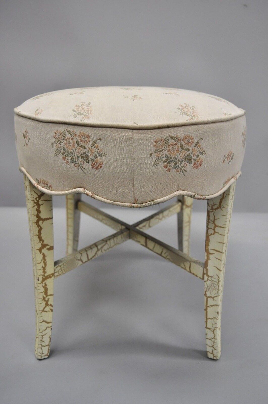 French Victorian Style White Distress Painted Accent Oval Vanity Bench Seat