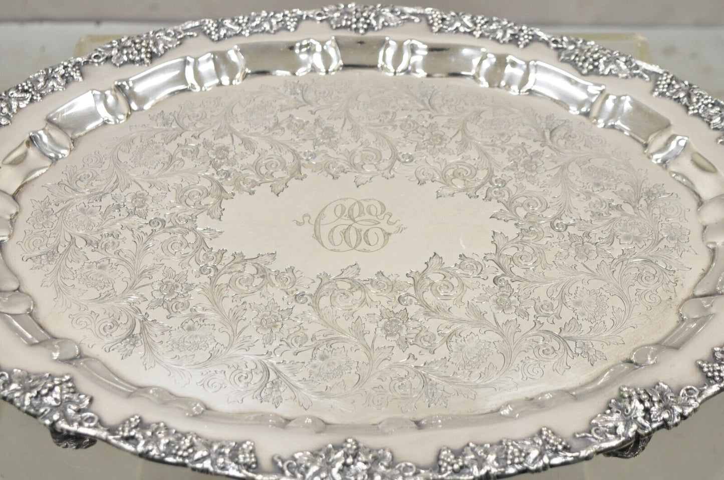 Antique English Victorian Silver Plated Ornate Grapevine Serving Platter Tray