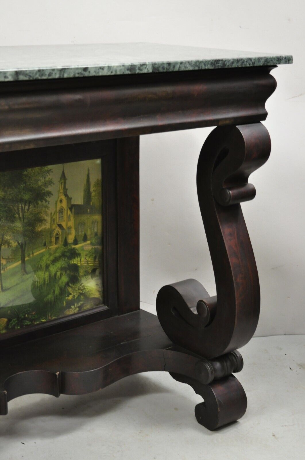 19th Century American Empire Mahogany Green Marble Top Console Hall Table