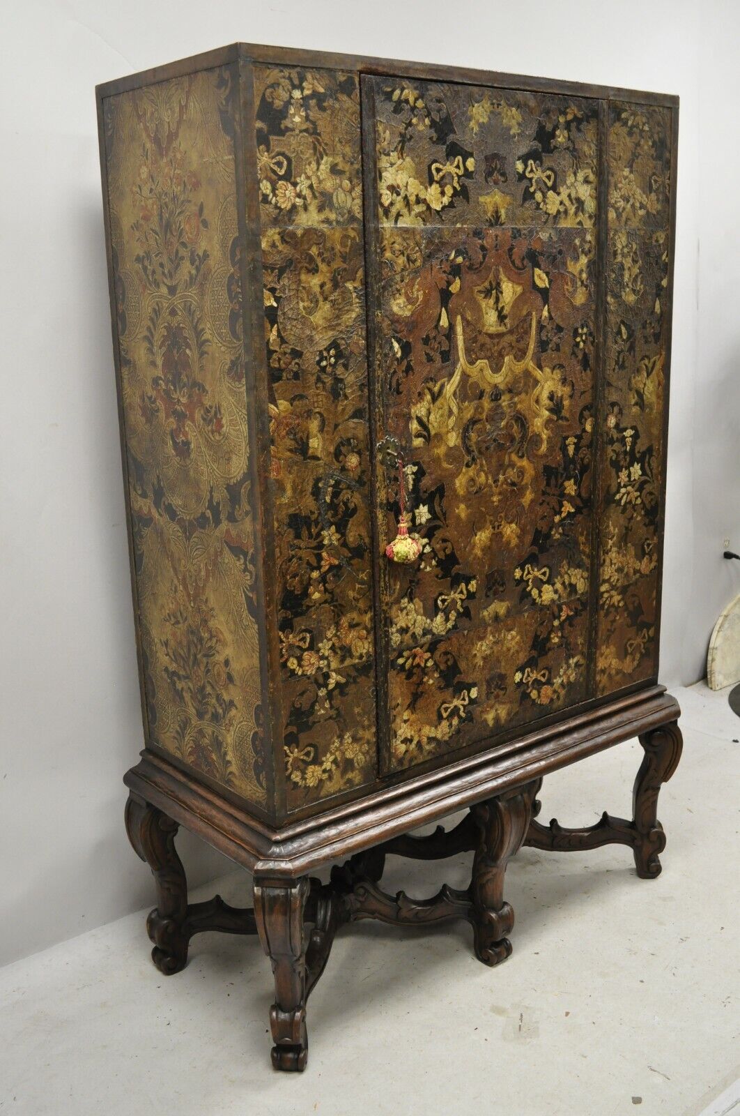 Antique Charles II Georgian Japanned Carved Lacquer China Cabinet on Base