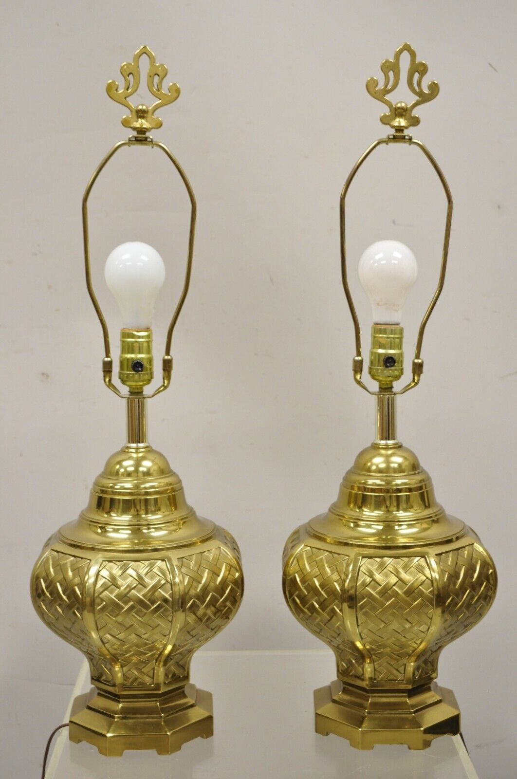 Vintage Brass Woven Basket Basketweave Hollywood Regency Table Lamps - a Pair