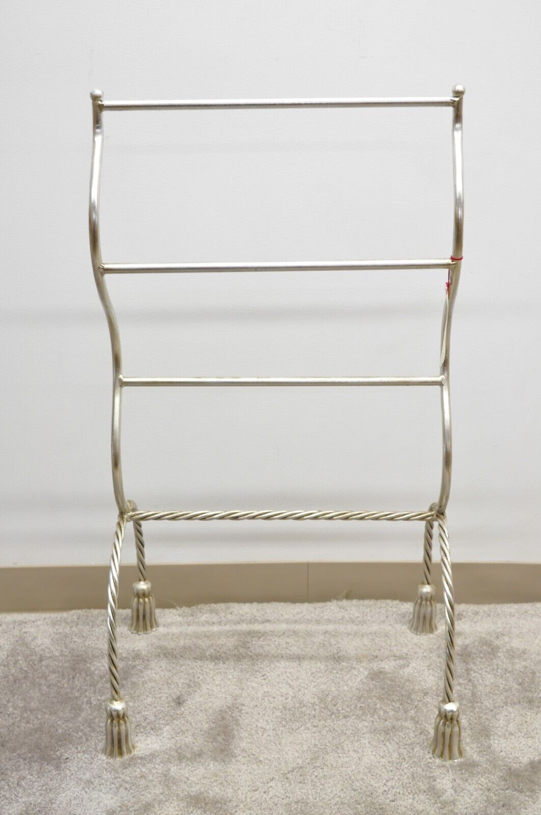 Vtg Italian Hollywood Regency Silver Gilt Metal Iron Towel Rack with Tassel Feet