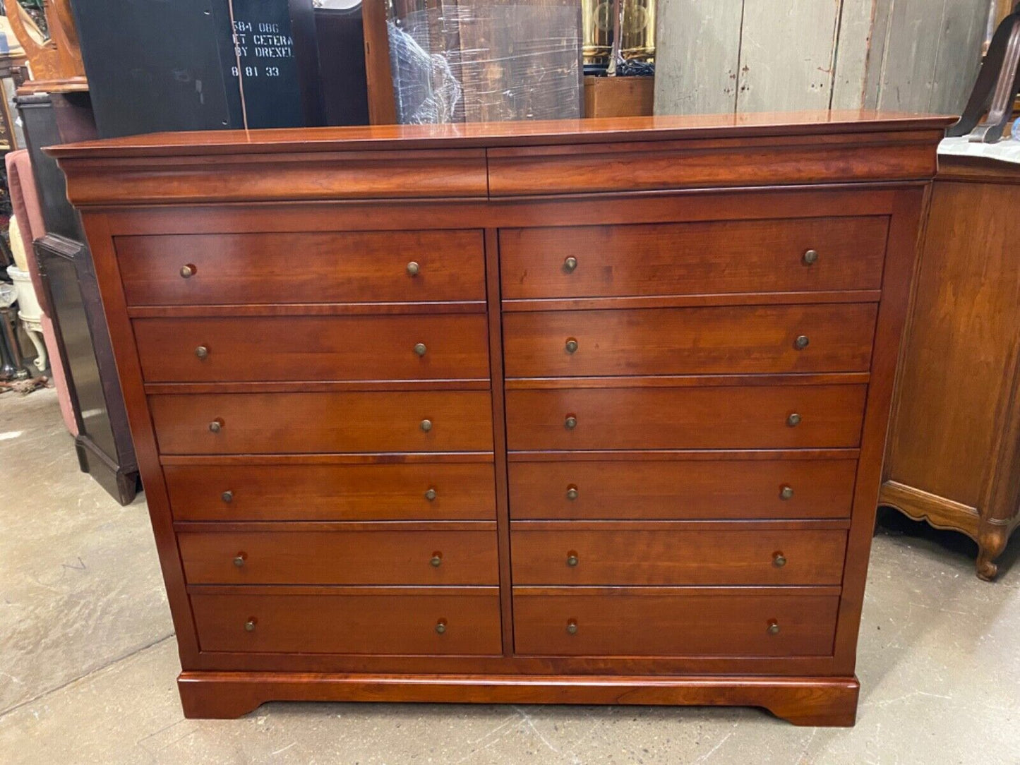 French Country Solid Cherry Wood 14 Drawer Tall Chest Dresser - Made in France
