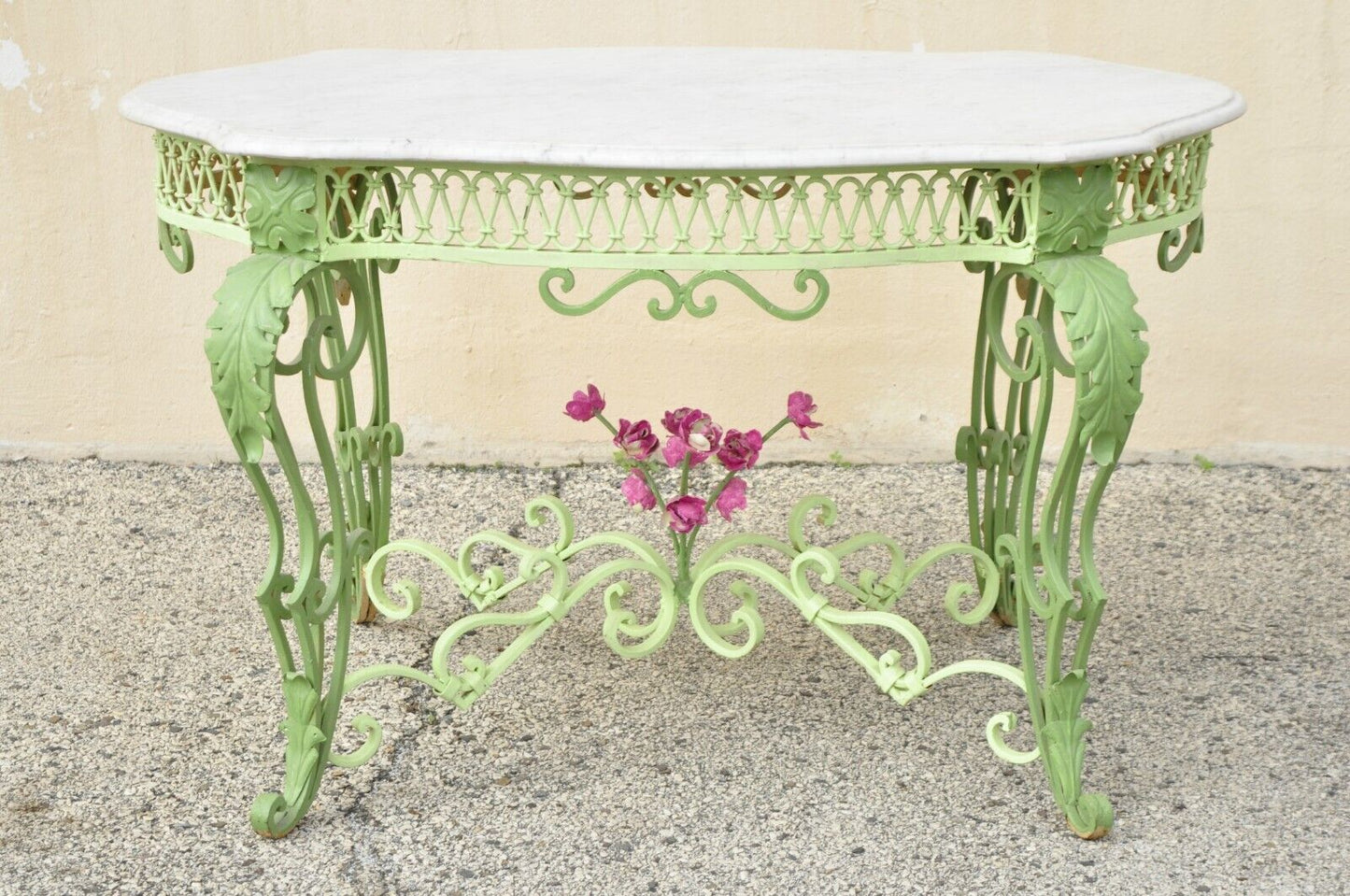 Antique French Art Nouveau Wrought Iron Marble Turtle Top Console Center Table